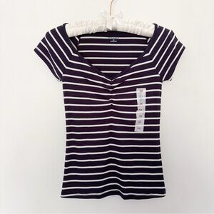 Old Navy Navy and White Striped V-Neck Tee